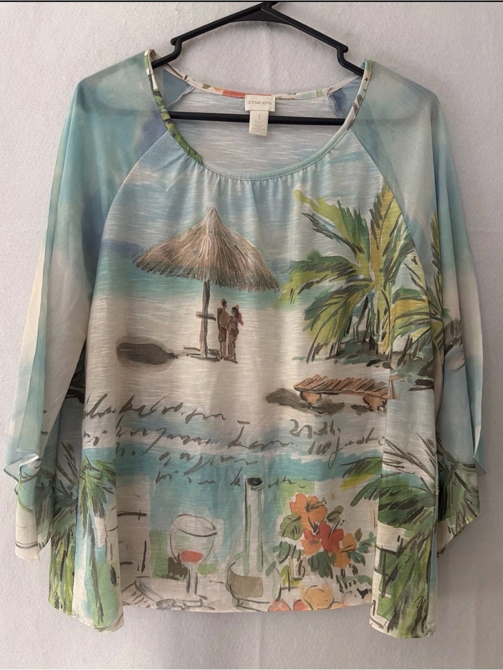 Chico's Seafoam Tropical Beachprint blouse flare chiffon sleeves Sz 1(M)